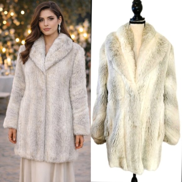 Monterey Club Jackets & Blazers - Vintage Monterey Ivory Gray Faux Fur Coat Winter Wedding & Evening Glam Coat 14